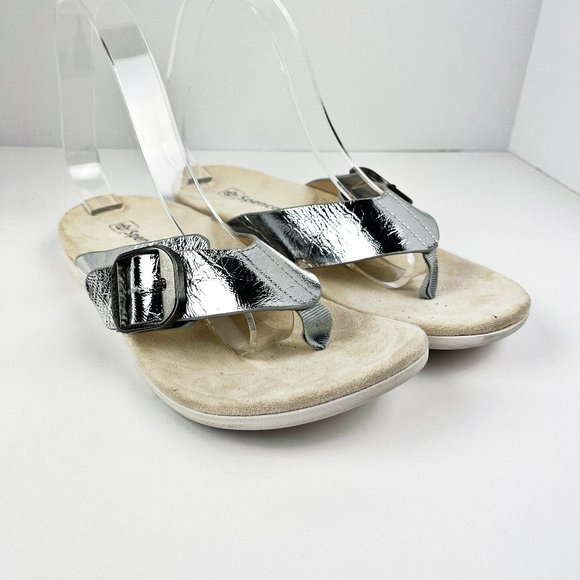 Spenco Silver Thong Leather Sandals 6D NWT - Picture 1 of 6